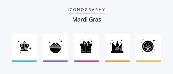 Mardi Gras Glyph Icon Pack Including Festival King Box Gras — Archivo Imágenes Vectoriales