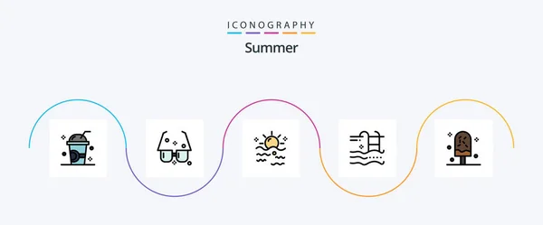 Summer Line Filled Flat Icon Pack Einschließlich Sommer Urlaub Sonne — Stockvektor