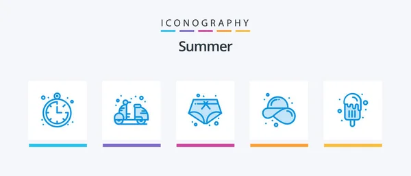 Summer Blue Icon Pack Включая Мороженое Лето Шорты Соломенная Шляпа — стоковый вектор