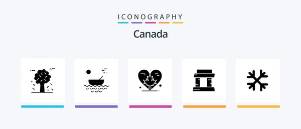 Канада Glyph Icon Pack Включая Башню Ориентир Ривер Leaf Осень — стоковый вектор
