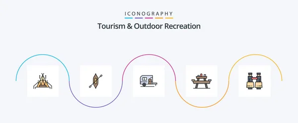 Tourism And Outdoor Recreation Line Filled Flat 5 Icon Pack Including field glasses. picnic. camping. seat. food