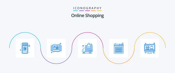 Online Shopping Blå Ikon Pack Inklusive Dator Inköp Leverans Produkt — Stock vektor