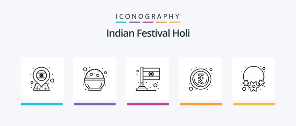 Holi Line Icon Pack Mit Rangoli Dekoration Gebäude Partyzeit Lagerfeuer — Stockvektor