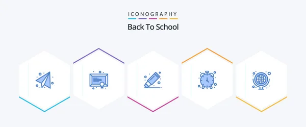 Back School Blue Icon Pack Including Map Geography Remover Timepiece — Vettoriale Stock