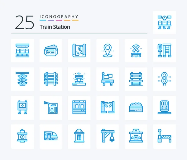 Железнодорожный Вокзал Blue Color Иконка Пакет Включая Поезд Подписать Карта — стоковый вектор