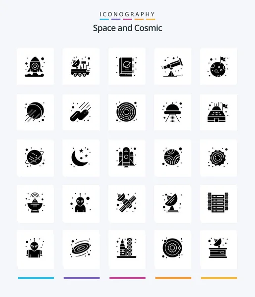 Creative Space Glyph Solid Black Icon Pack Moon Telescope Book — Wektor stockowy