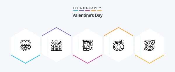 Valentines Day Line Icon Pack Including Clock Marriage Wedding Engagement — 图库矢量图片