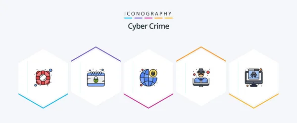 Cyber Crime Filledline Ikona Balení Včetně Počítače Zloděj Globální Ochranu — Stockový vektor