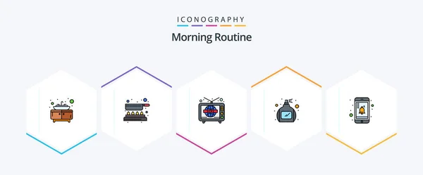 Morning Routine Filledline Icon Pack Including Notification Television Mobile Perfume — Stockový vektor