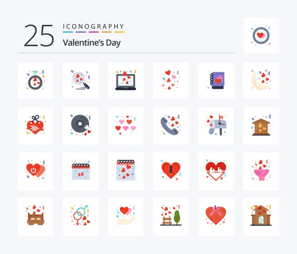 Valentines Day Flat Color Icon Pack Including Love Wedding Laptop — Stockvektor
