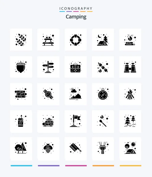 Creative Camping Glyph Solid Black Icon Pack Hazelnut Flame Support — Stock vektor