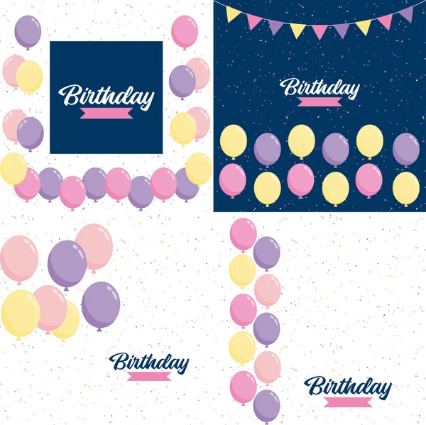 フレーム付きの誕生日バナーと手描きの漫画の水彩風船は ホリデーグリーティングカードや誕生日招待状に適した誕生日パーティーのデザインを象徴しています — ストックベクタ