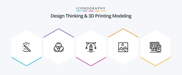 Design Thinking Printing Modeling Pakiet Ikon Linii Tym Edukacji Komputer — Wektor stockowy