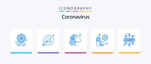 Coronavirus Blue Ikon Pack Beleértve Vírus Riasztást Orvosi Kezek Kapszula — Stock Vector