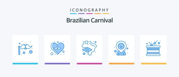 Pacchetto Icone Carnevale Brasiliano Blu Compreso Suono Timbrel Bandiera Tamburo — Vettoriale Stock