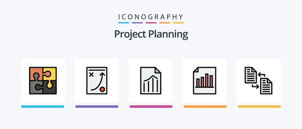 Project Planing Line Rempli Pack Icônes Avec Réglage Ordinateur Portable — Image vectorielle