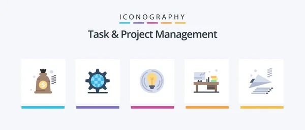Task Project Management Flat Icon Pack Including Paper Plane Monitor — Archivo Imágenes Vectoriales