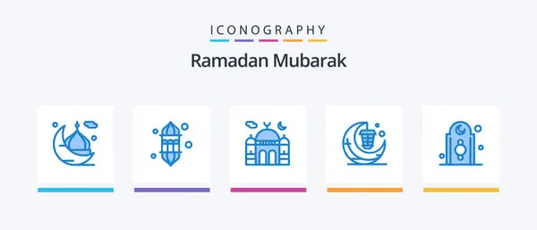 Ramadan Blue Pacchetto Icone Compresa Lampada Lanterna Lampada Pregate Islam — Vettoriale Stock