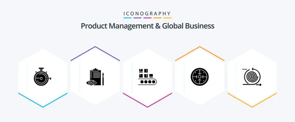 Gestión Productos Negocios Globales Paquete Iconos Glifos Incluida Implementación Etapas — Vector de stock