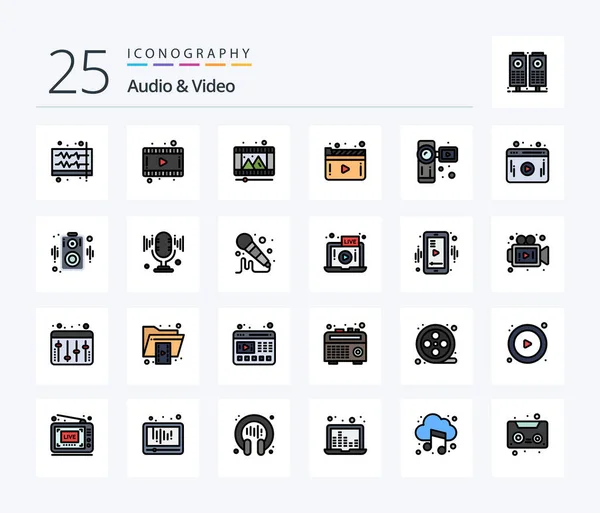 音频和视频25行填充图标包 包括相机 — 图库矢量图片