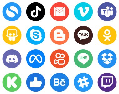 Düz Daire Beyaz Simge Paketi günlüğü. Konuş. E- posta ve Skype 20 Eşsiz Simge