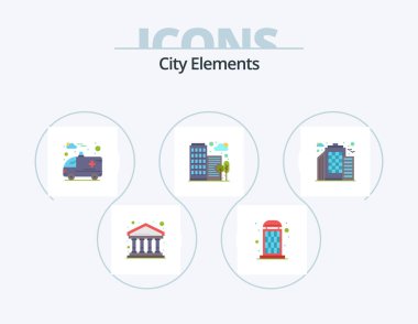 Şehir Elementleri Düz Simge Paketi 5 Simge Tasarımı. Ofis. Bina. Ambulans. Ofis. şehir