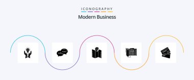 Modern Business Glyph 5 Simge Paketi, ofis dahil. - Telefon. Konuşma. İşaretçi. konum