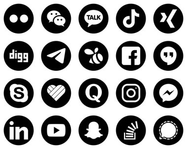 Siyah Arkaplan 'da 20 Tam Düzenlenebilir Beyaz Sosyal Medya Simgesi, FB gibi. Sürü halinde. Çin ve telgraf ikonları. Premium ve yüksek kalite