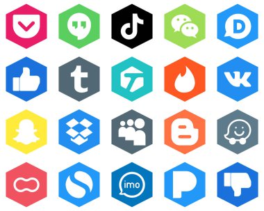 20 tane Yenilikçi Beyaz Simgeler kutusu. vk. Haberci. Tinder ve tumblr Altıgen Düz Renk Arkaplanı