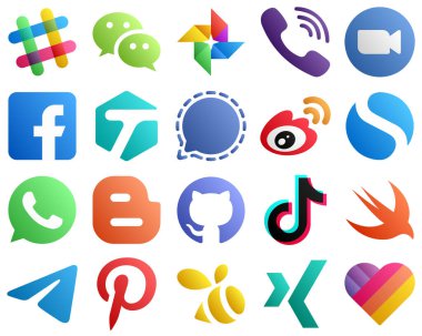 Sinyal gibi Büyük Sosyal Medya 20 paketi için Gradyan Simgeleri. video. etiketli ve fb simgeleri. Temiz ve minimalist