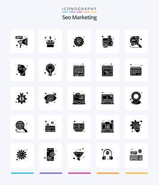 Yaratıcı Seo Pazarlama 25 Glyph Katı Siyah simge paketi Başarı Gibi. Ara. Pazarlama seo.. para