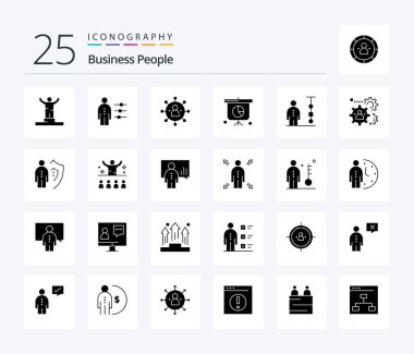 Business People 25 Solid Glyph simge paketi. Sunum da dahil. İş. İnsan. Paylaş. insanlar