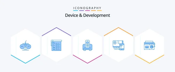 Paquete Iconos Device Development Blue Incluyendo Radio Educación Dispositivo Celular — Archivo Imágenes Vectoriales