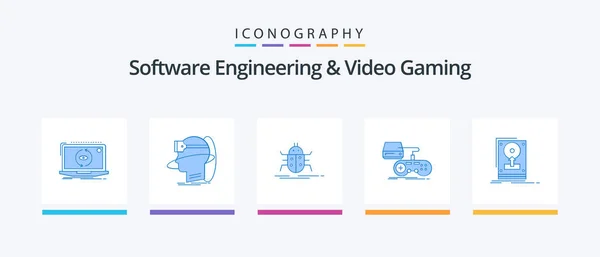 Ingeniería Software Videojuegos Paquete Iconos Azul Incluido Juego Virus Usuario — Vector de stock