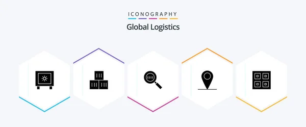 Global Logistics Glyph Icon Pack Including Boxes World Code Pin — Stock Vector