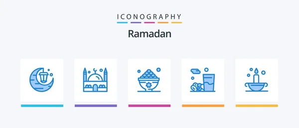 Pacchetto Icone Ramadan Blue Incluso Aladino Iftar Appuntamenti Cibo Pasto — Vettoriale Stock