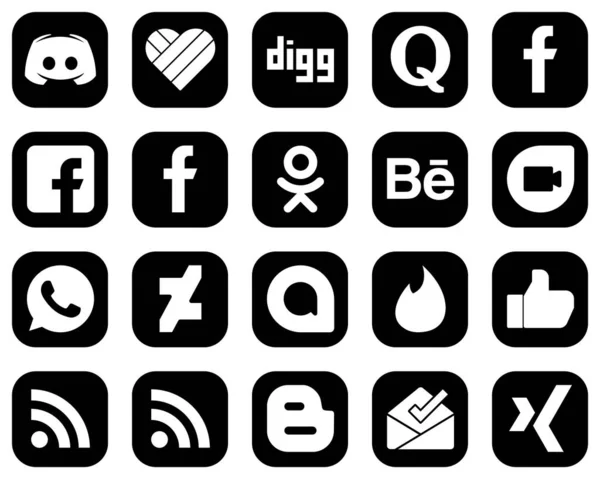 Creative White Social Media Icons Black Background Tinder Deviantart Facebook — ストックベクタ