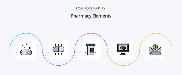 Pharmacy Elements Line Filled Flat Icon Pack Including Tablet — ストックベクタ