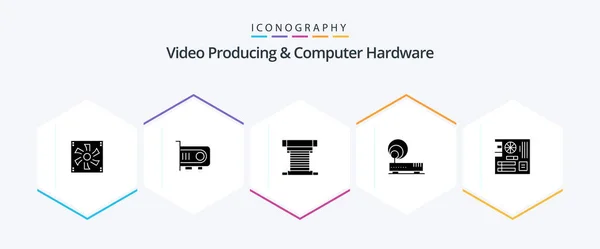 Video Producing Computer Hardware Paquete Iconos Glifos Incluida Red Hardware — Vector de stock