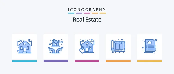 Real Estate Blue Icon Pack Including Document House Protection Hands — Stockvektor