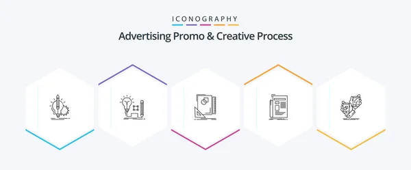 Advertising Promo Creative Process Line Icon Pack Including Media Sketching — ストックベクタ