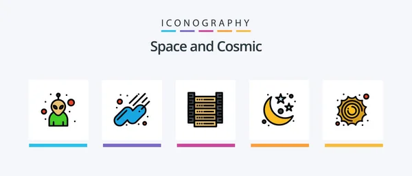 Space Line Filled Icon Pack Incluyendo Estrellas Planeta Satélite Luna — Vector de stock