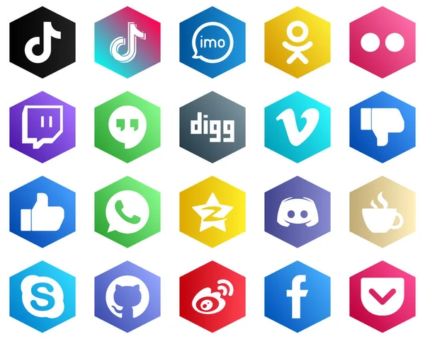 Minimalistic White Icons Dislike Vimeo Digg Twitch Icons Hexagon Flat — Stock Vector
