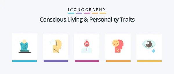 Concious Living Personality Traits Flat Icon Pack Incluyendo Vida Feliz — Archivo Imágenes Vectoriales
