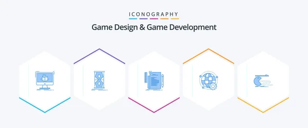 Game Design Sviluppo Giochi Pacchetto Icona Blu Compreso Mondo Connesso — Vettoriale Stock