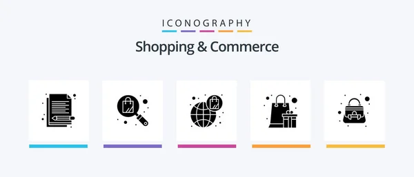 购物和商务玻璃5个Icon包包括女士钱包 电子商务Ecommerce 礼品盒创意偶像设计 — 图库矢量图片