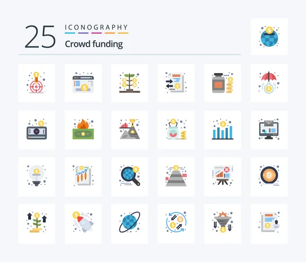 Crowdfunding Flat Color Icon Pack Including Currency Stack Fund Files — Stock vektor