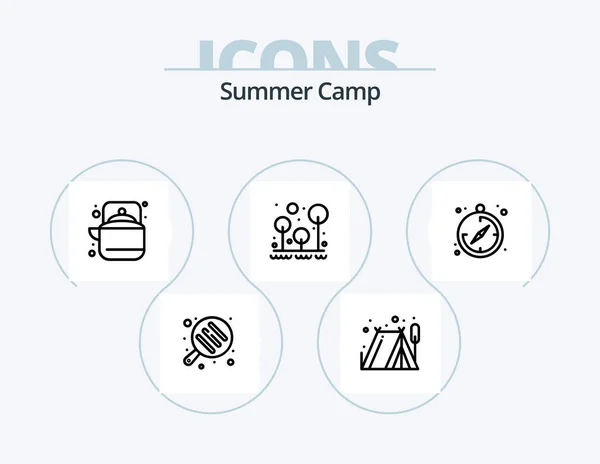 Icona Summer Camp Line Pack Icona Design Bordo Palla Erba — Vettoriale Stock