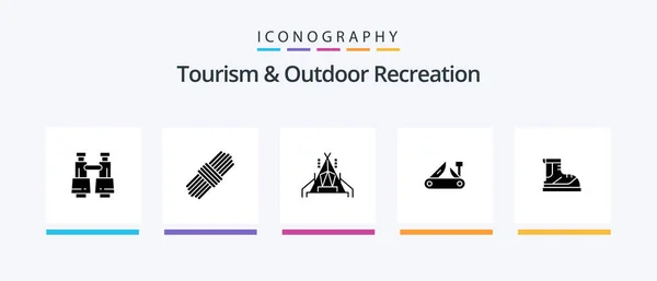 Tourism And Outdoor Recreation Glyph 5 Icon Pack Including hiking. boots. tent. swiss. multitool. Creative Icons Design