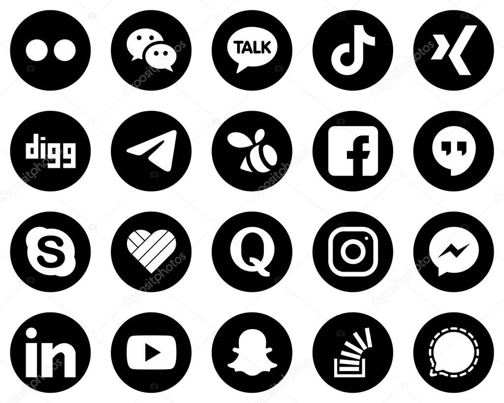 20 Fully Editable White Social Media Icons on Black Background such as fb. swarm. china and telegram icons. Premium and high-quality